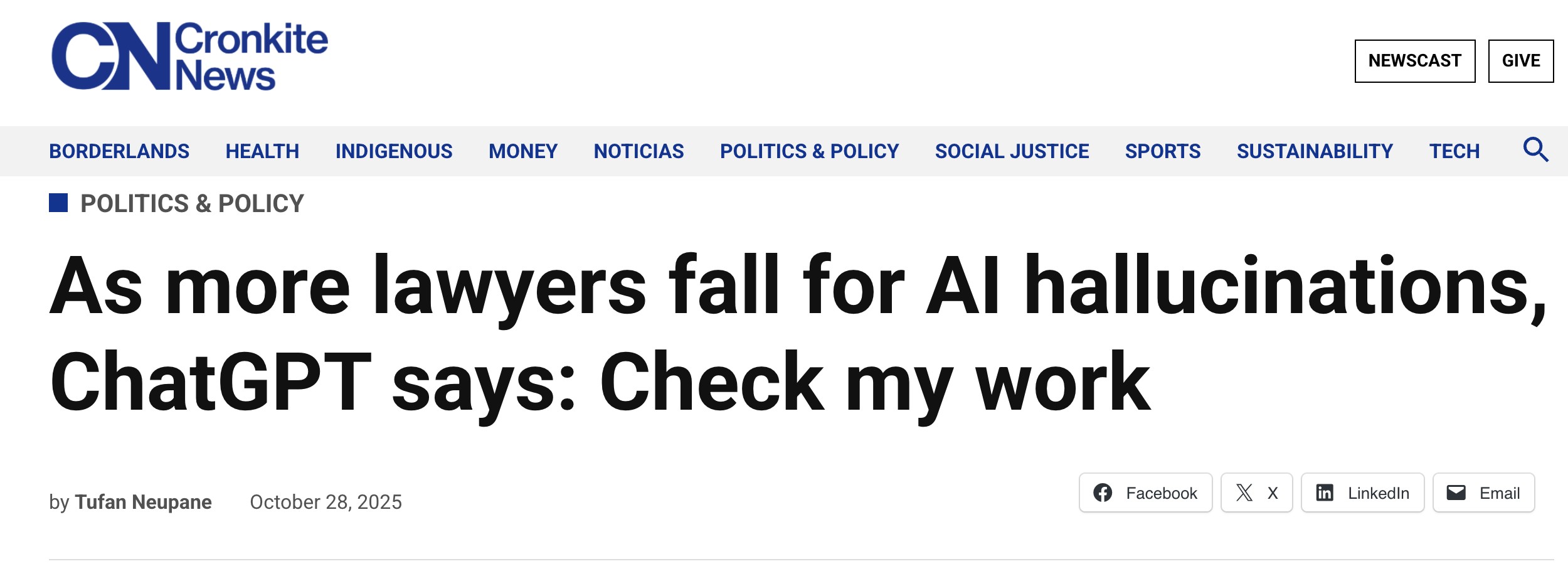 Cronkite News headline about lawyers falling for AI hallucinations