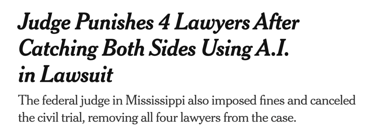 New York Times headline about lawyers sanctioned for using AI in a lawsuit