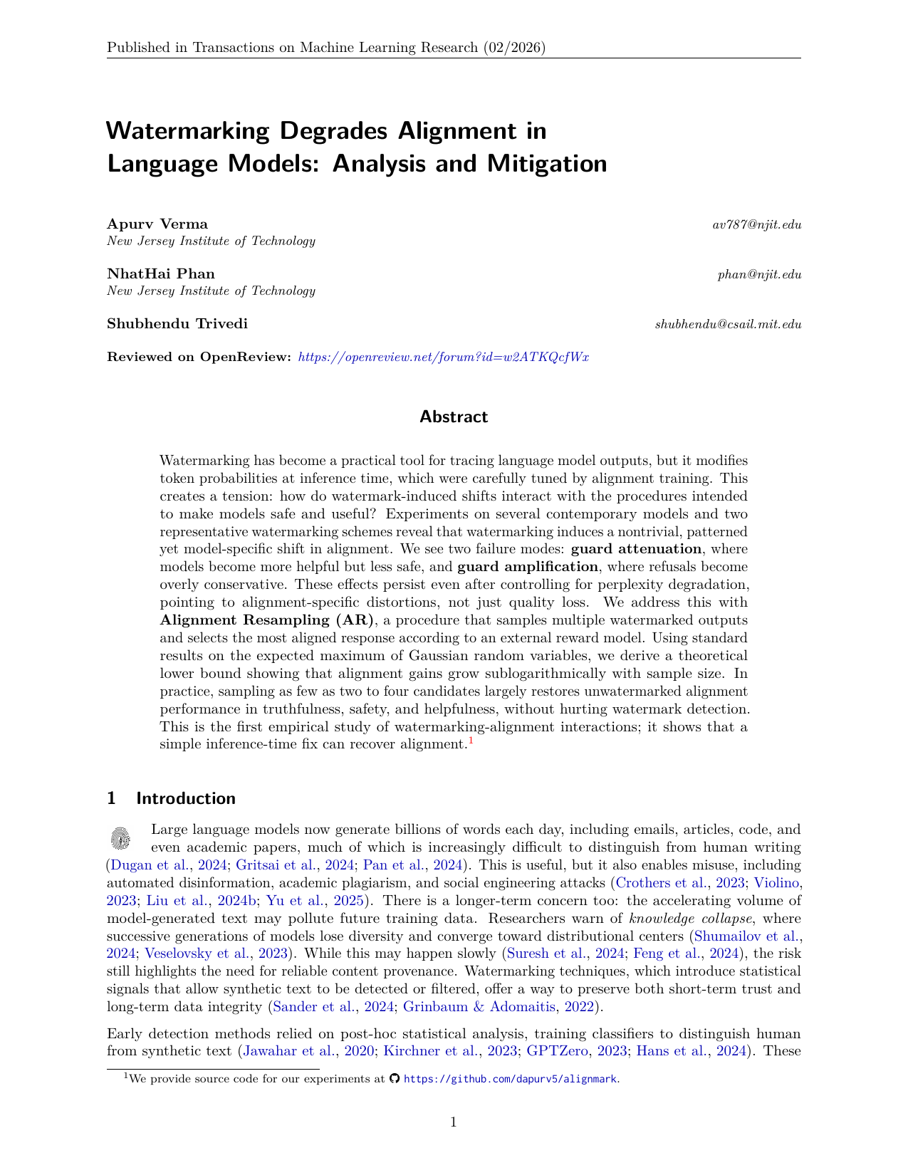 Watermarking Degrades Alignment in Language Models: Analysis and Mitigation
